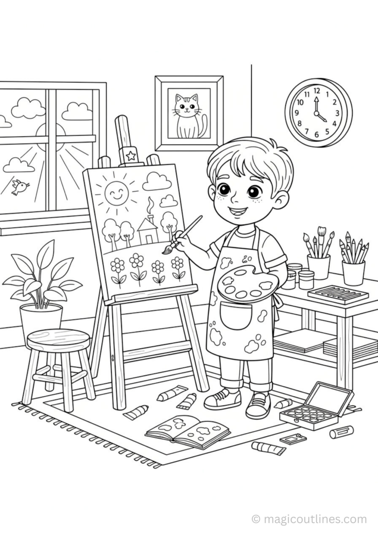 artist coloring page for kids painting profession printable