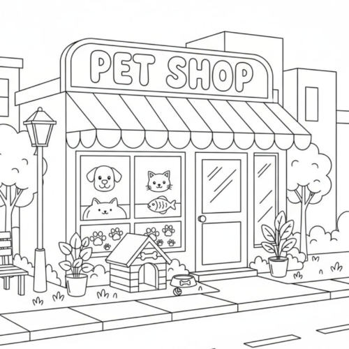 Pet Shop Coloring Page for Kids Printable A4