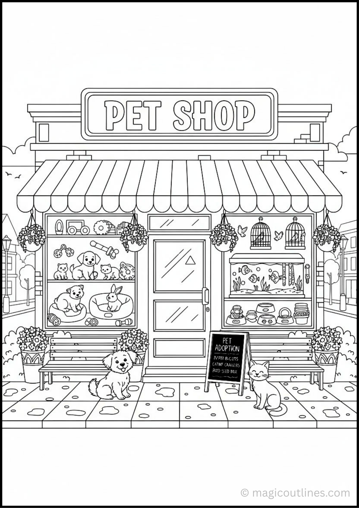 Pet Shop Coloring Page with cute animals and pet supplies