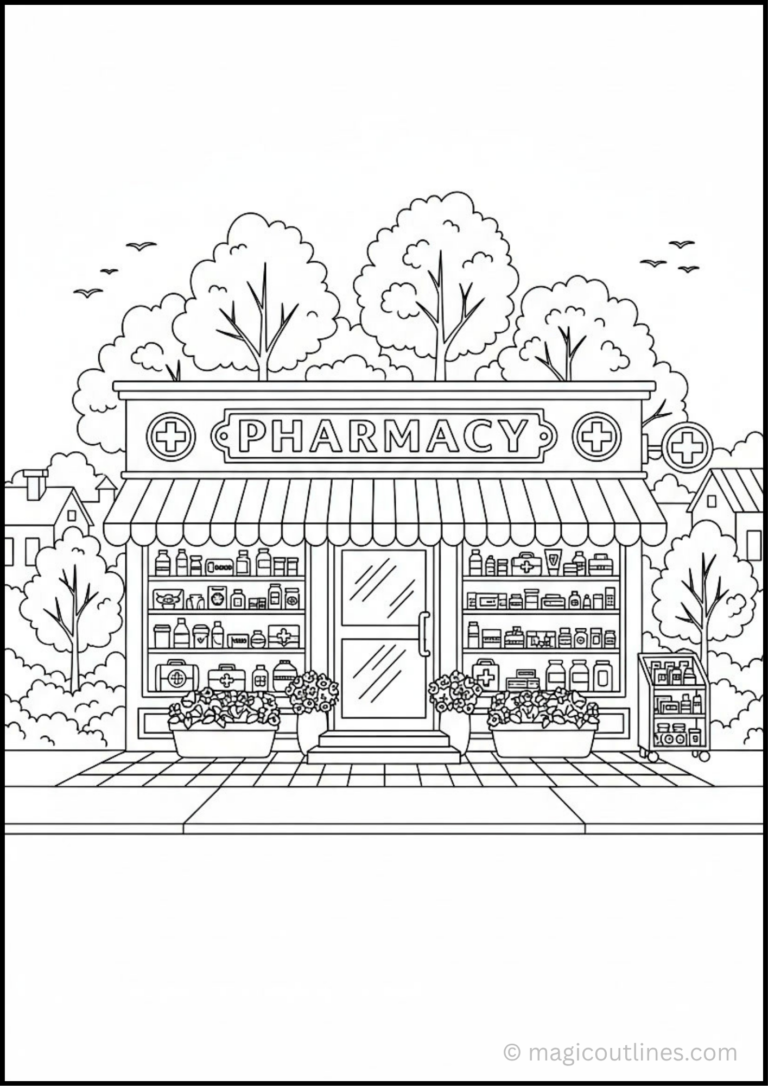 Pharmacy coloring page featuring a community pharmacy building with a sign, windows, plants, trees, flowers, and a sidewalk