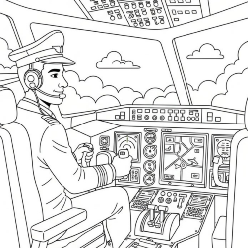 pilot in airplane cockpit coloring page for kids