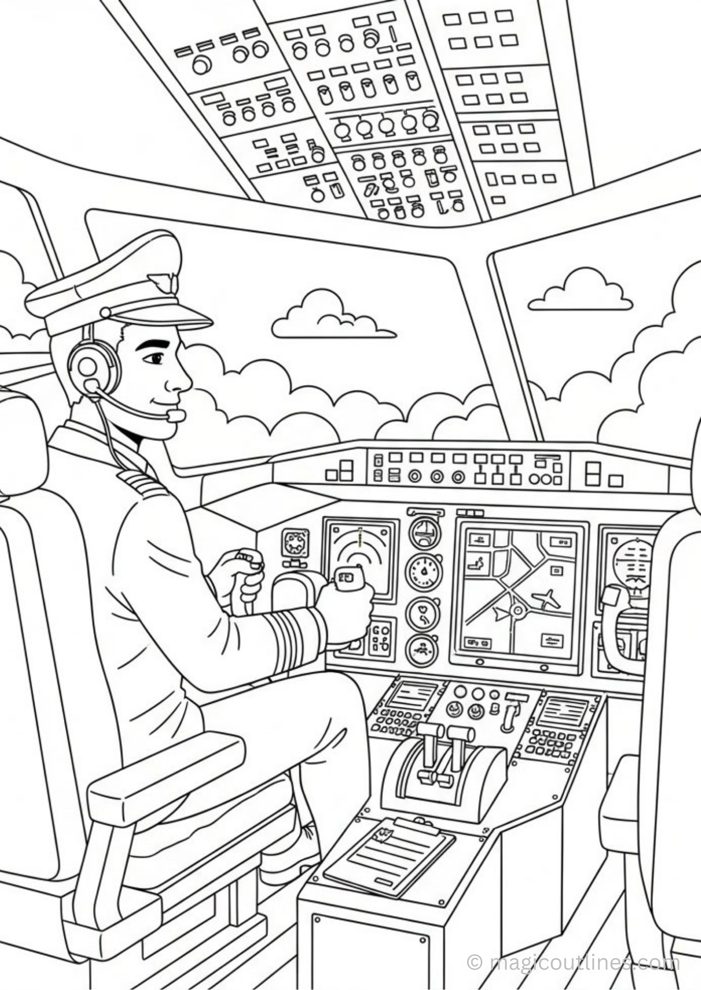 pilot in airplane cockpit coloring page