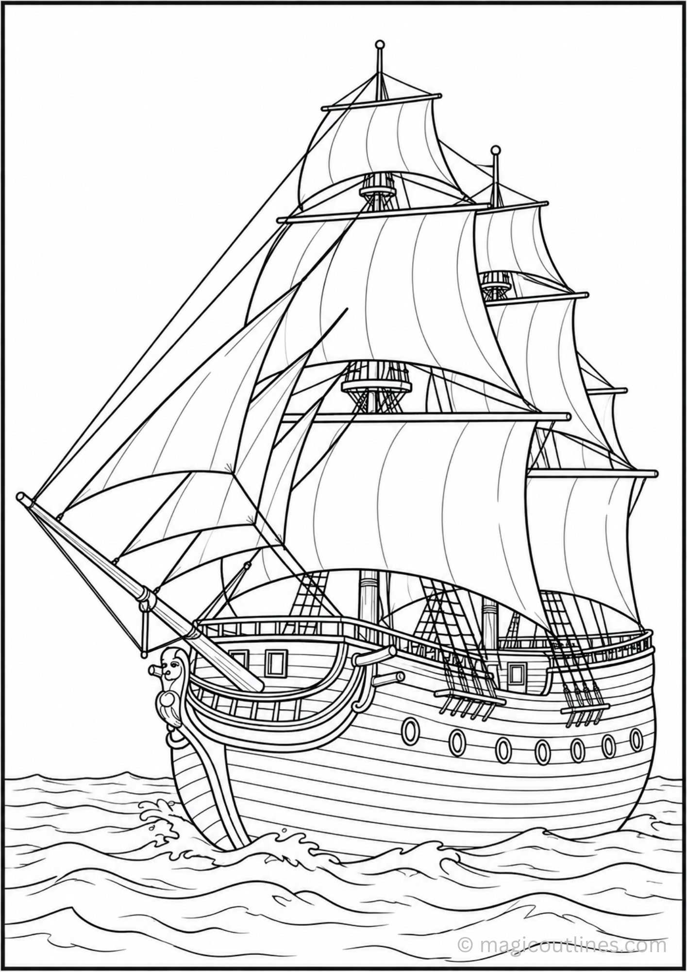 Pirate Ship Coloring Page showing a large sailing ship with tall masts, billowing sails, rigging, wooden hull, and ocean waves.