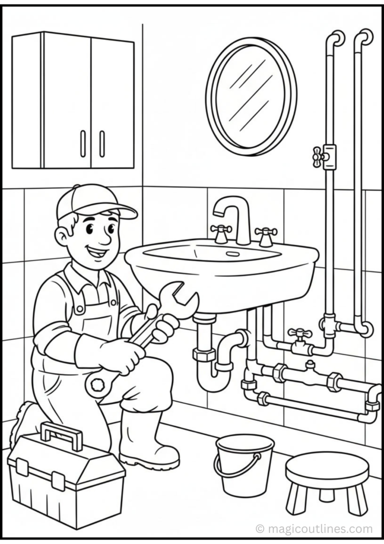 Plumber Artist Coloring Page featuring a cheerful plumber with tools and art supplies, printable coloring sheet for kids.