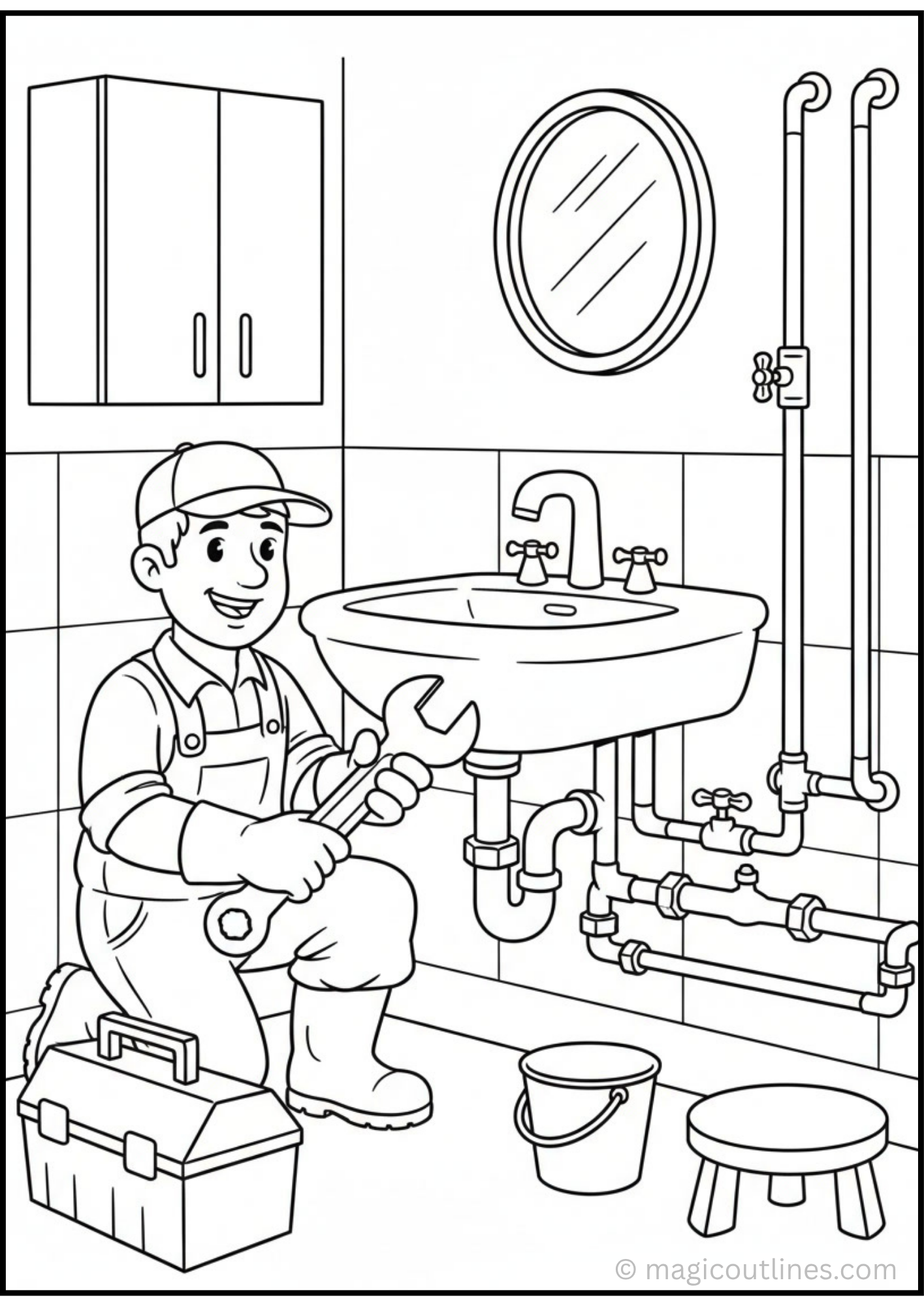 Plumber Artist Coloring Page featuring a cheerful plumber with tools and art supplies, printable coloring sheet for kids.