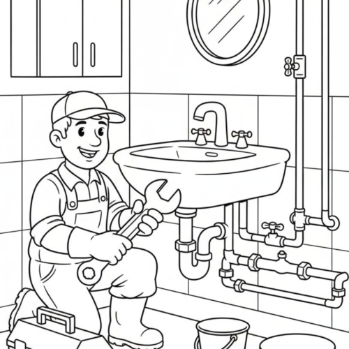 plumber coloring page for kids fixing sink printable