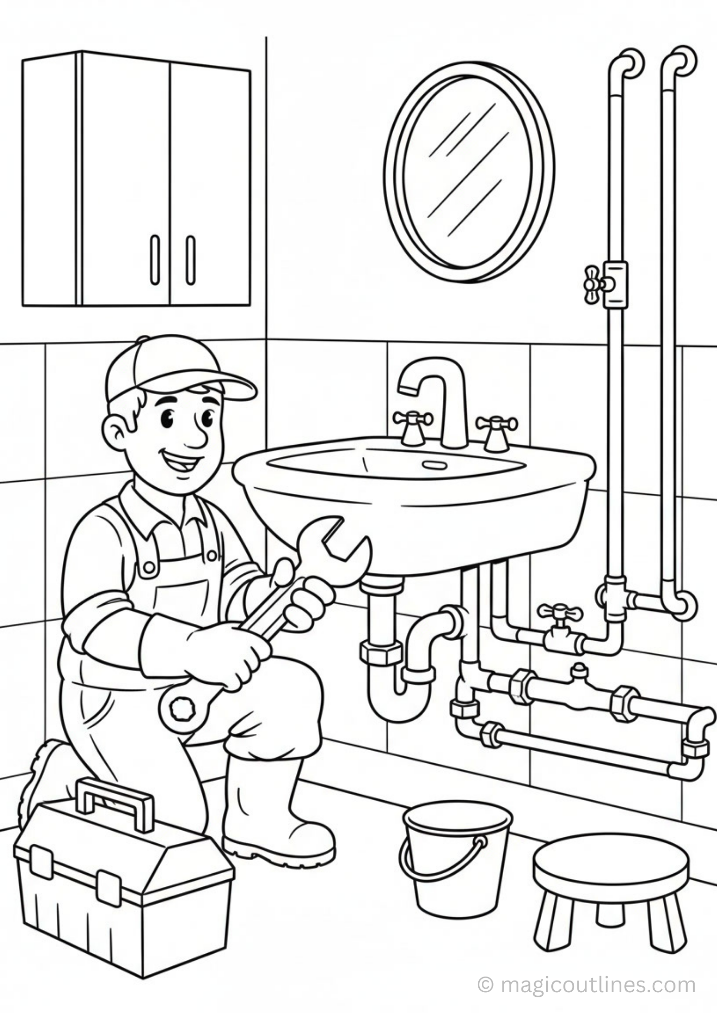 plumber coloring page for kids fixing sink printable
