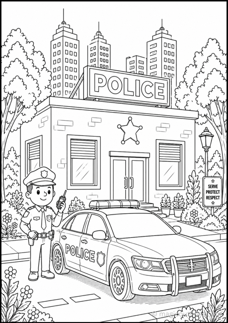 Download this free Police Station Coloring Page PDF featuring a smiling police officer, patrol car, and police station building. Perfect for kids who love community helper coloring pages.