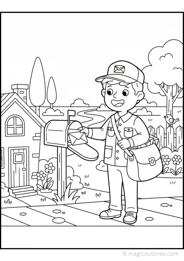 Postman coloring page featuring a friendly mail carrier delivering a letter to a mailbox in a neighborhood.