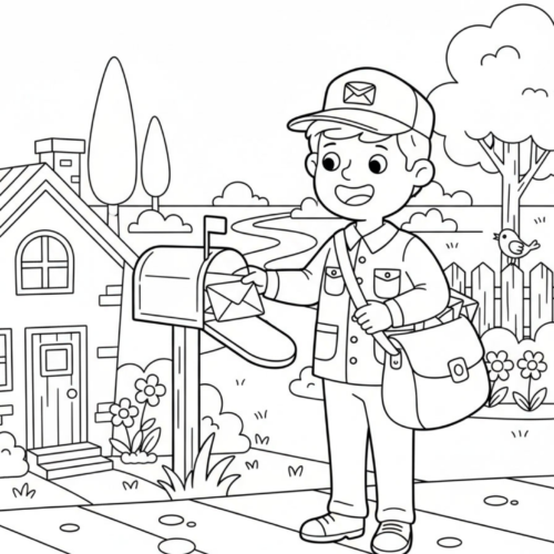 postman delivering letter to mailbox coloring page for kids printable