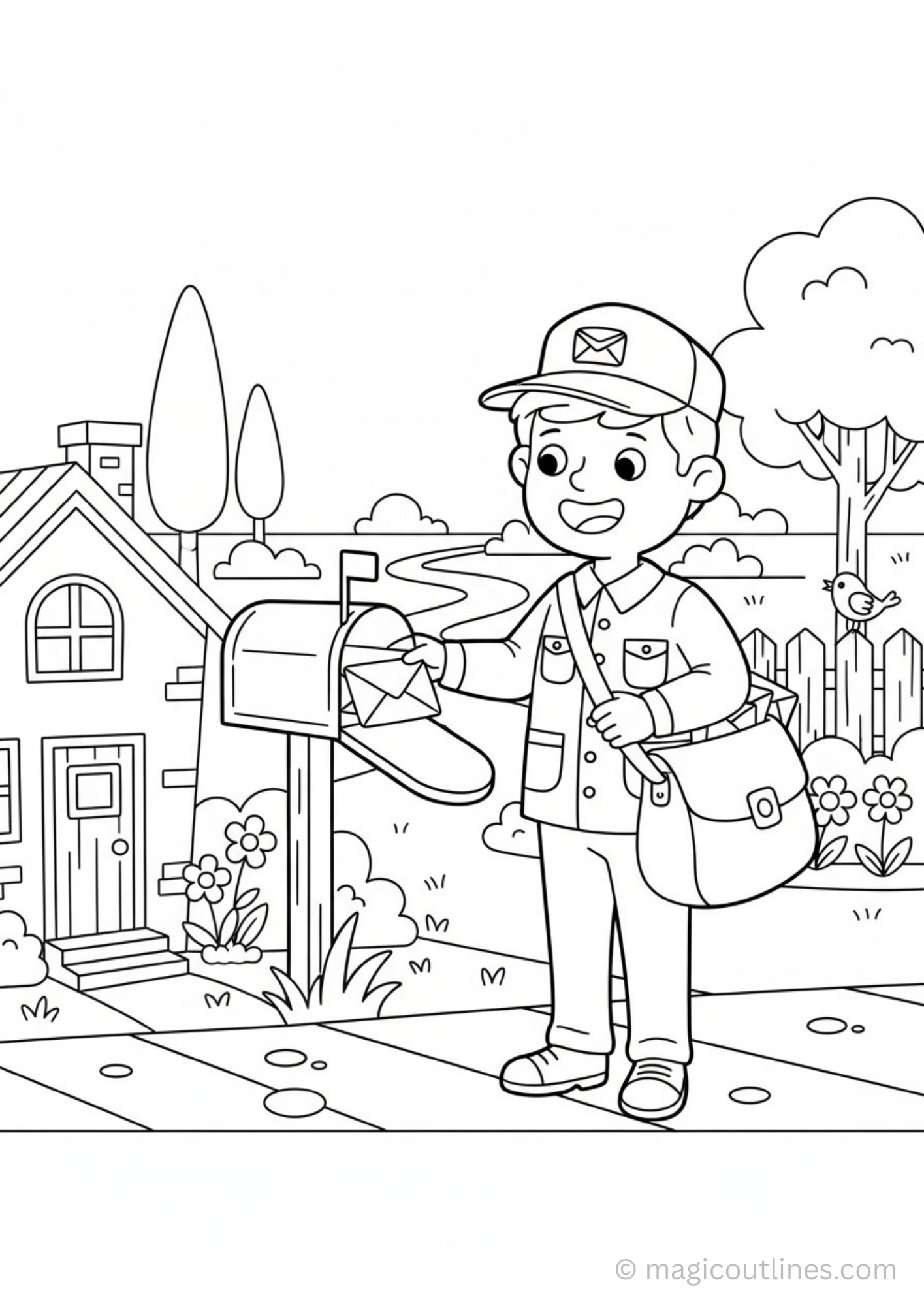 postman delivering letter to mailbox coloring page for kids printable