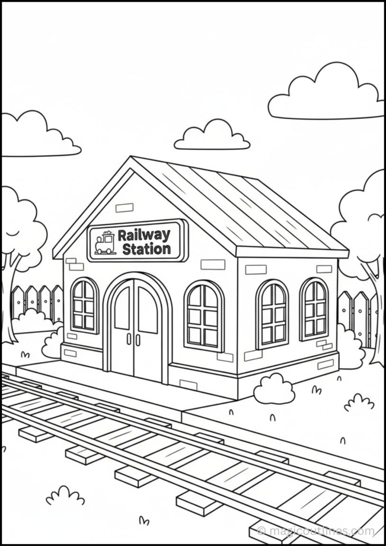 Railway station coloring pages featuring train stations, railway platforms, steam trains, passenger trains, and railway tracks.