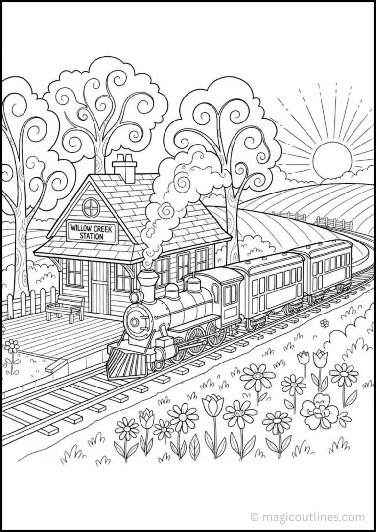 Railway station coloring pictures showing a countryside train station and railway train