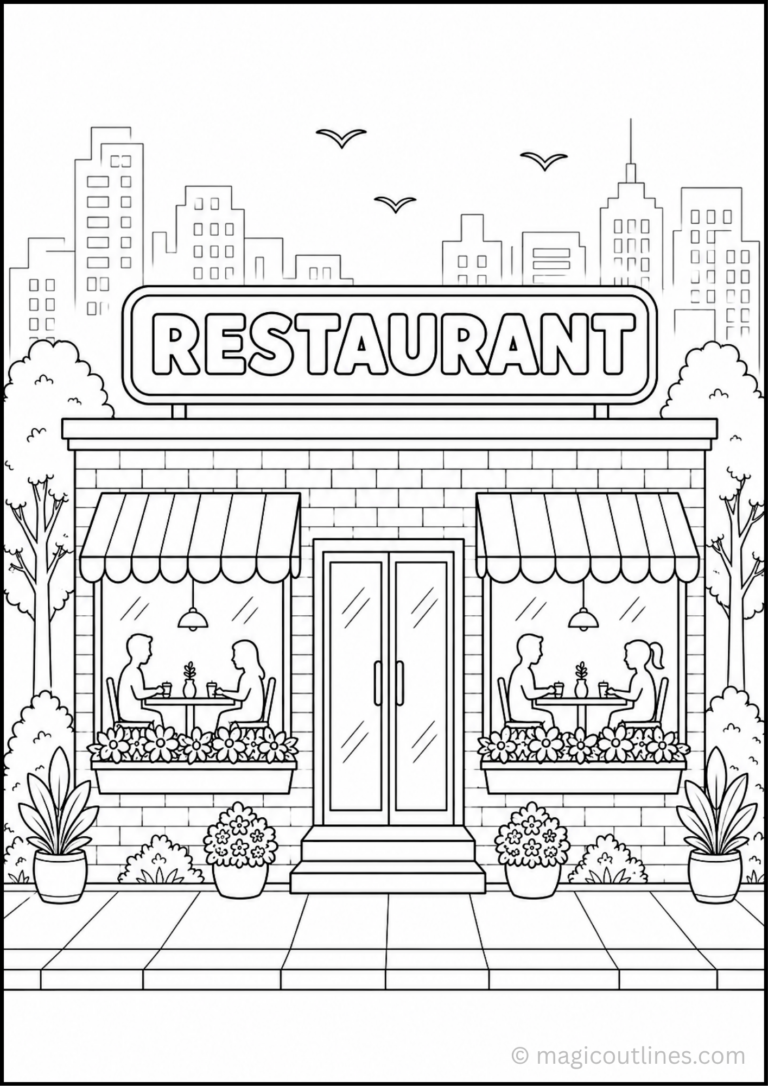 Restaurant coloring page featuring a city restaurant building with outdoor seating, flowers, trees, and a city skyline