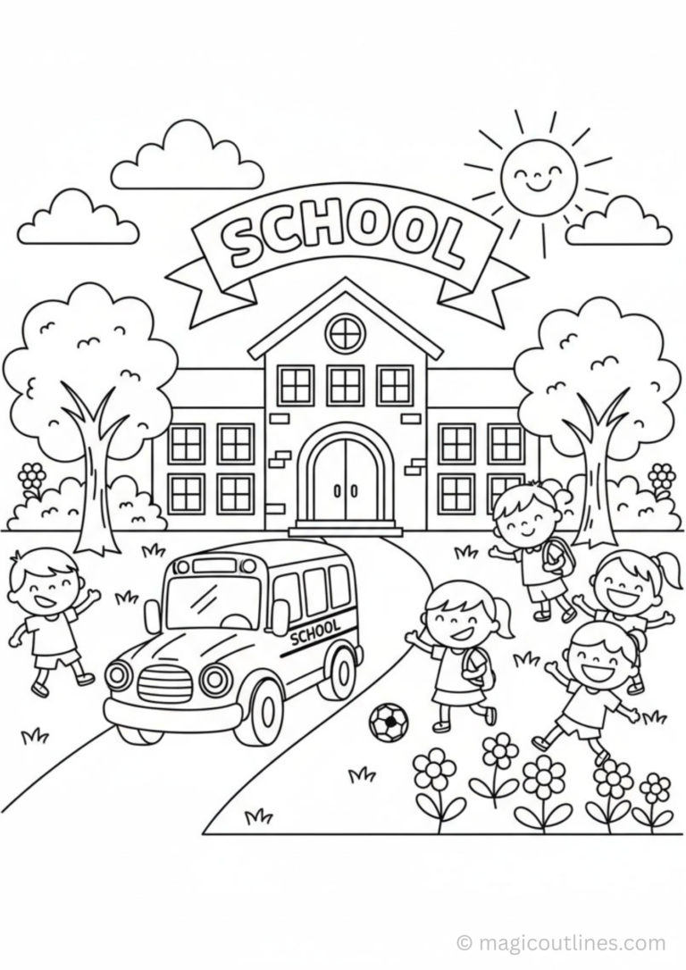 school building coloring page for kids with bus and students