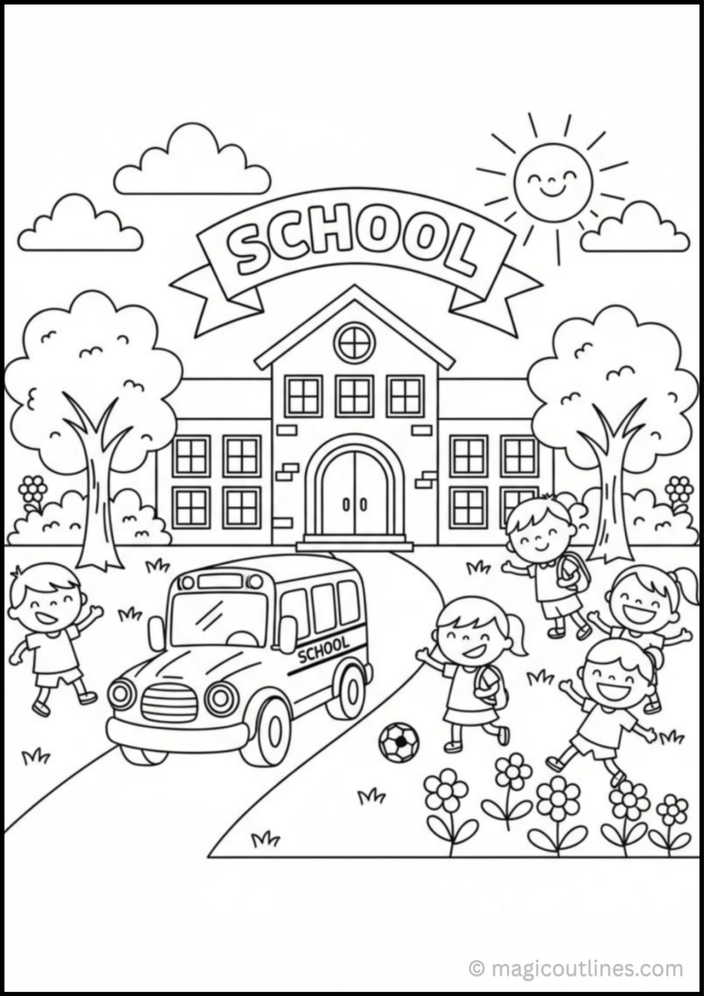 School Building Coloring Page featuring a school bus, happy students, flowers, trees, and a large school building.