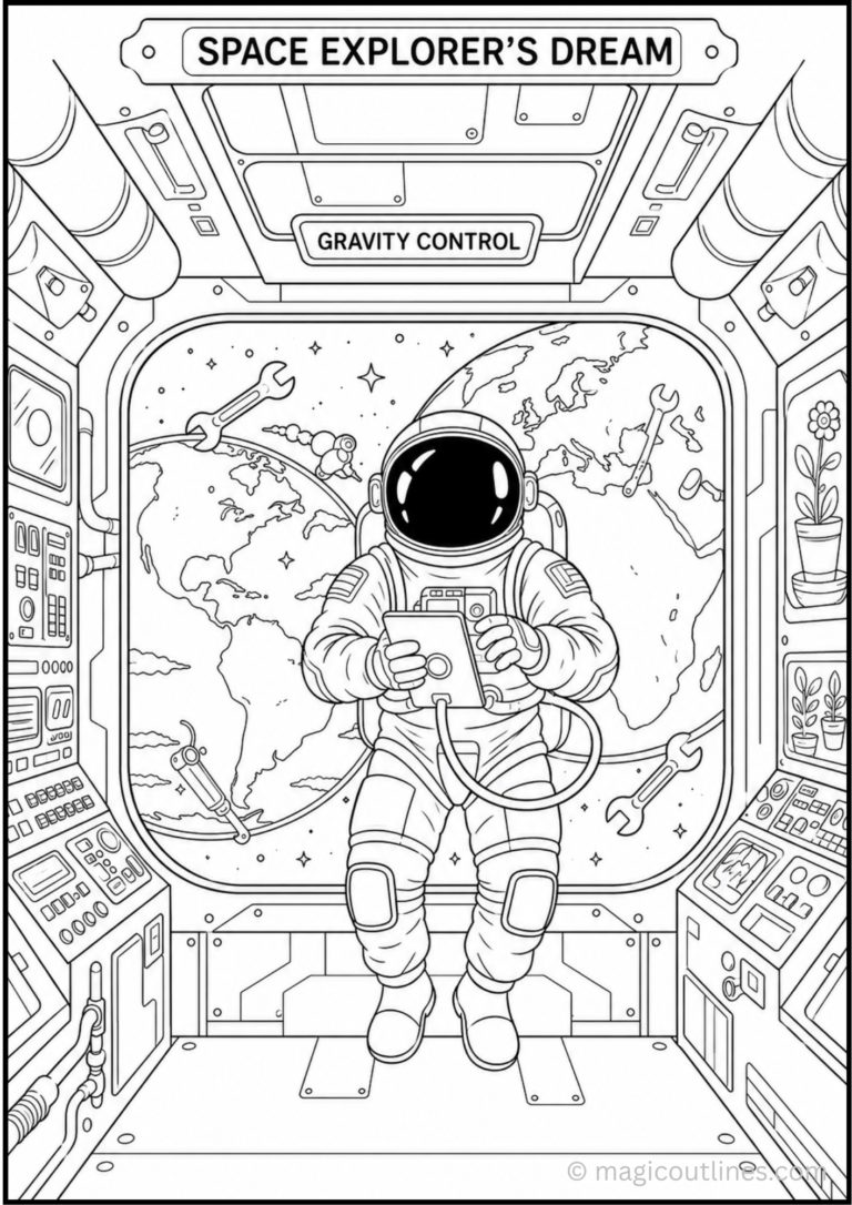 Space astronaut coloring pages featuring an astronaut floating inside a futuristic space station.