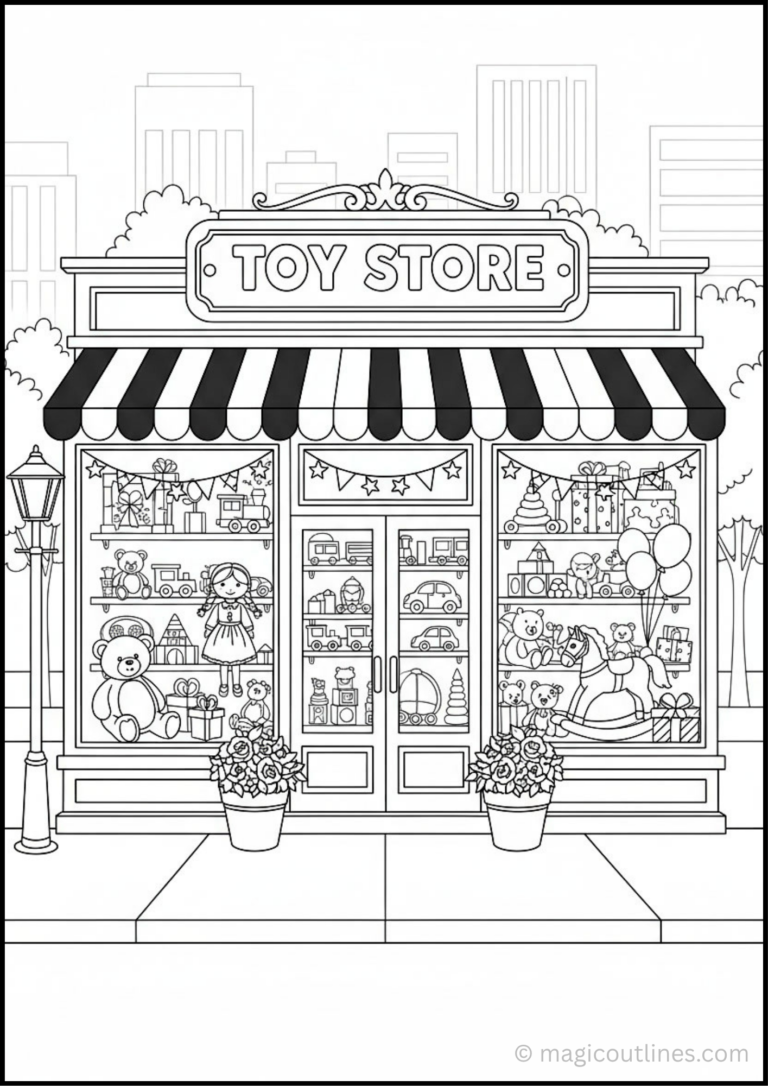 Toy Store Coloring Page featuring a charming toy shop with teddy bears, dolls, toy trains, toy cars, rocking horse, balloons, gift boxes, and display windows. Free printable PDF for kids.