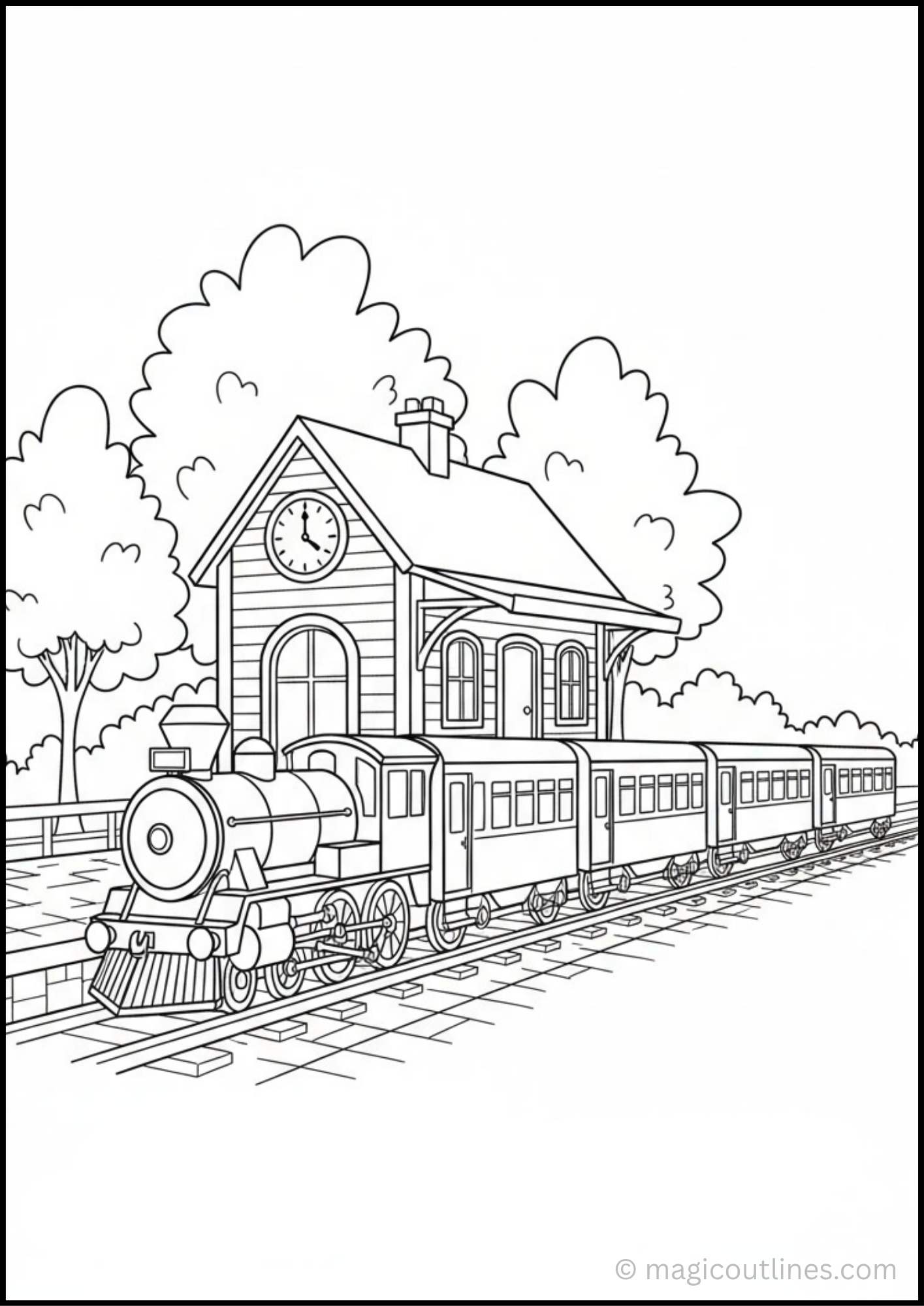 Train station coloring page printable with steam train arriving at the railway station