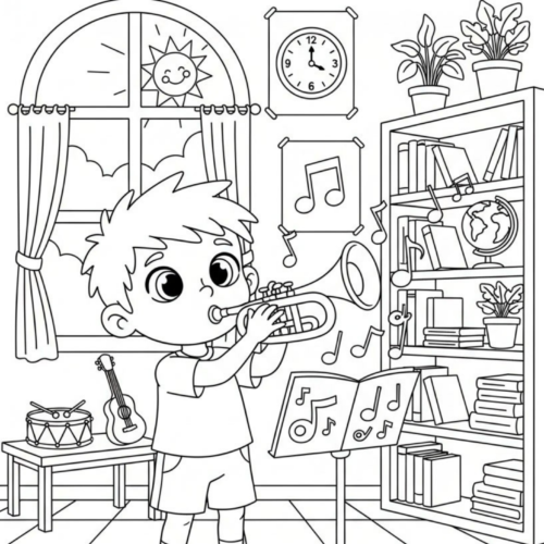 trumpet coloring page for kids playing musical instrument printable