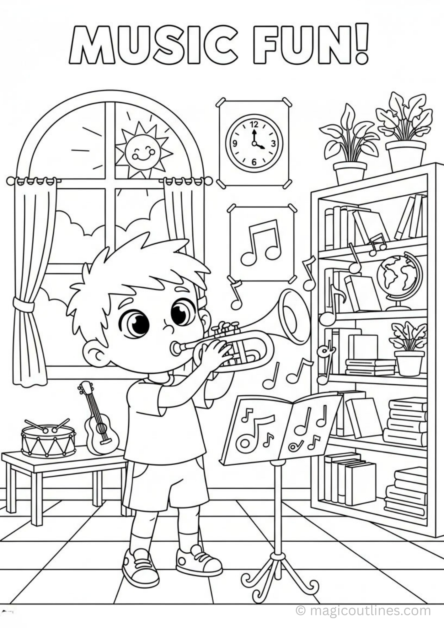 trumpet coloring page for kids playing musical instrument printable
