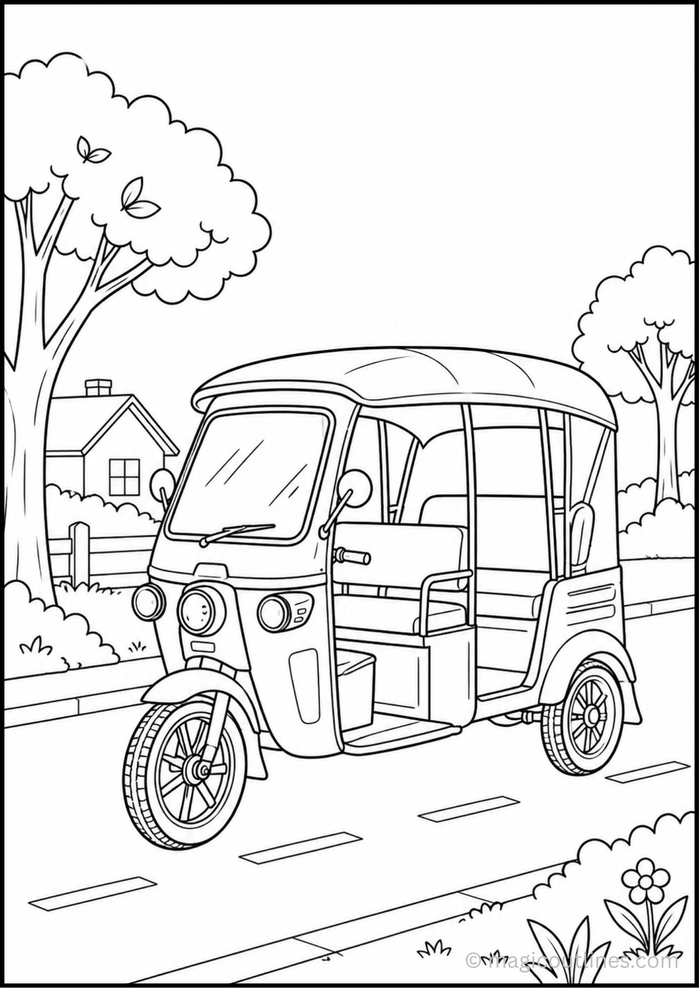 Tuk Tuk Coloring Page showing a three-wheeled tuk tuk on a road with trees, a house, flowers, and greenery.