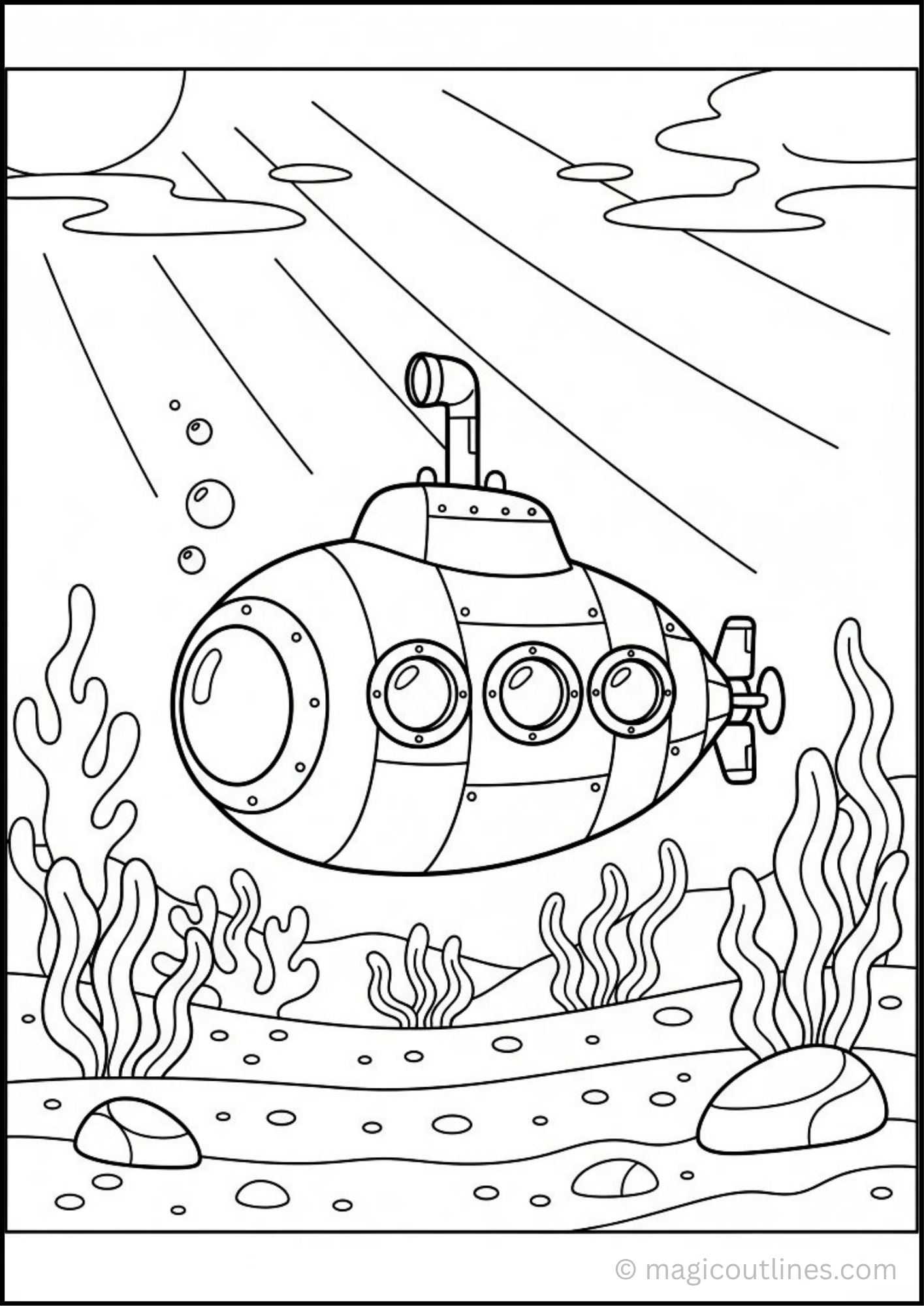 Underwater submarine coloring page with ocean plants and rocks for kids