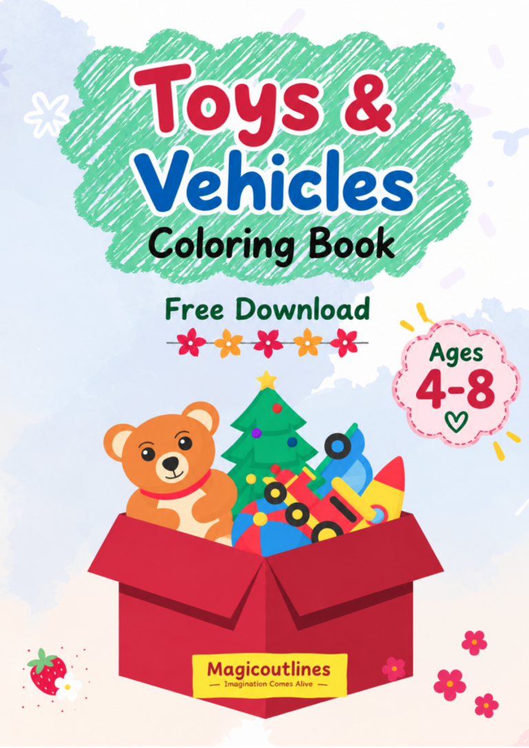 Toys & Vehicles Coloring Book for kids ages 4–8 featuring colorful toys and vehicles in a playful design