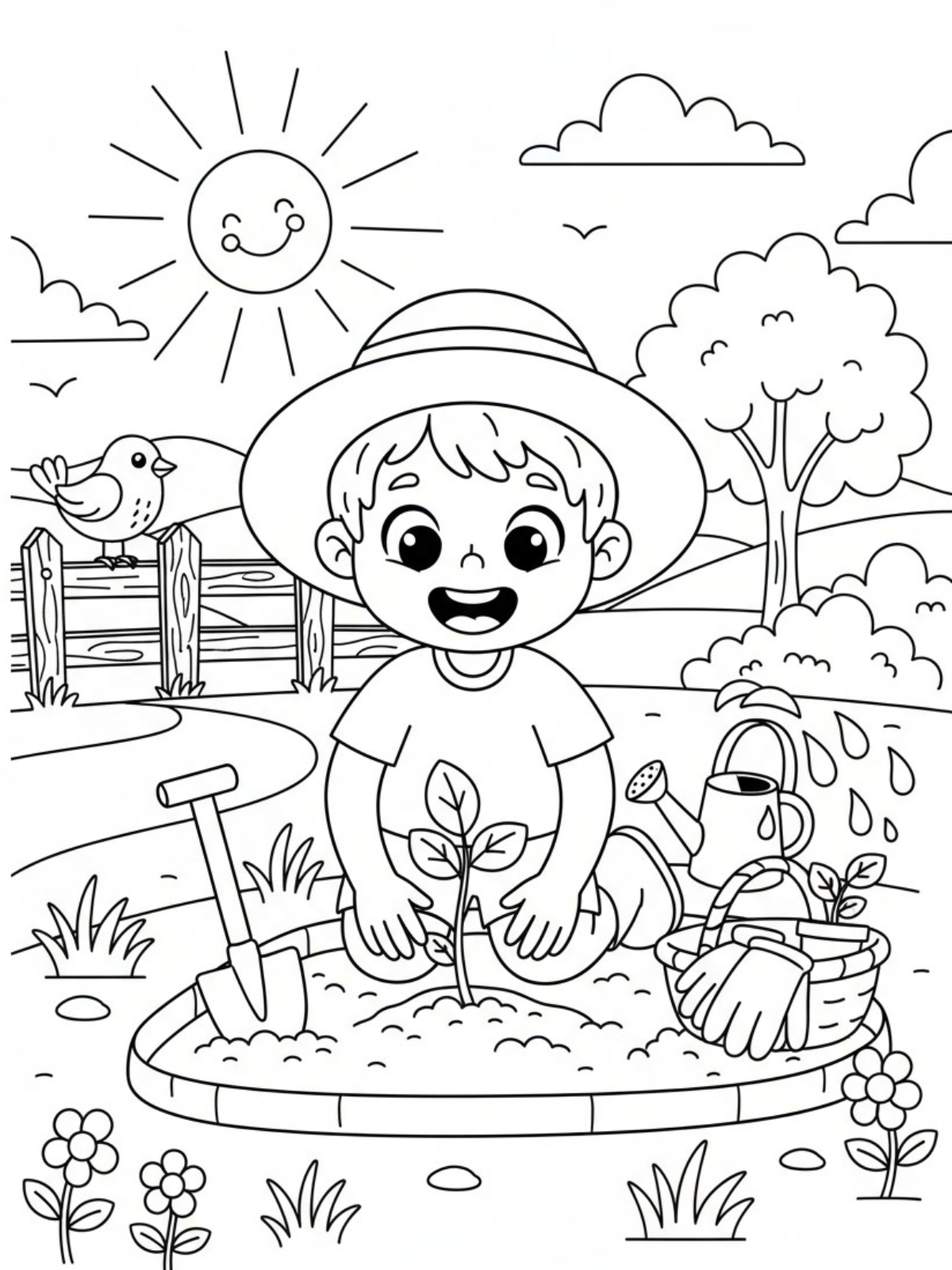 planting tree coloring page for kids printable