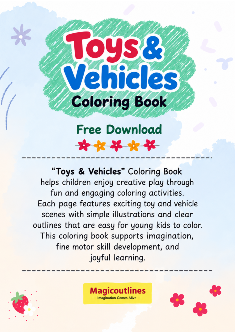 Toys & Vehicles Coloring Book for kids ages 4–8 featuring colorful toys and vehicles in a playful design