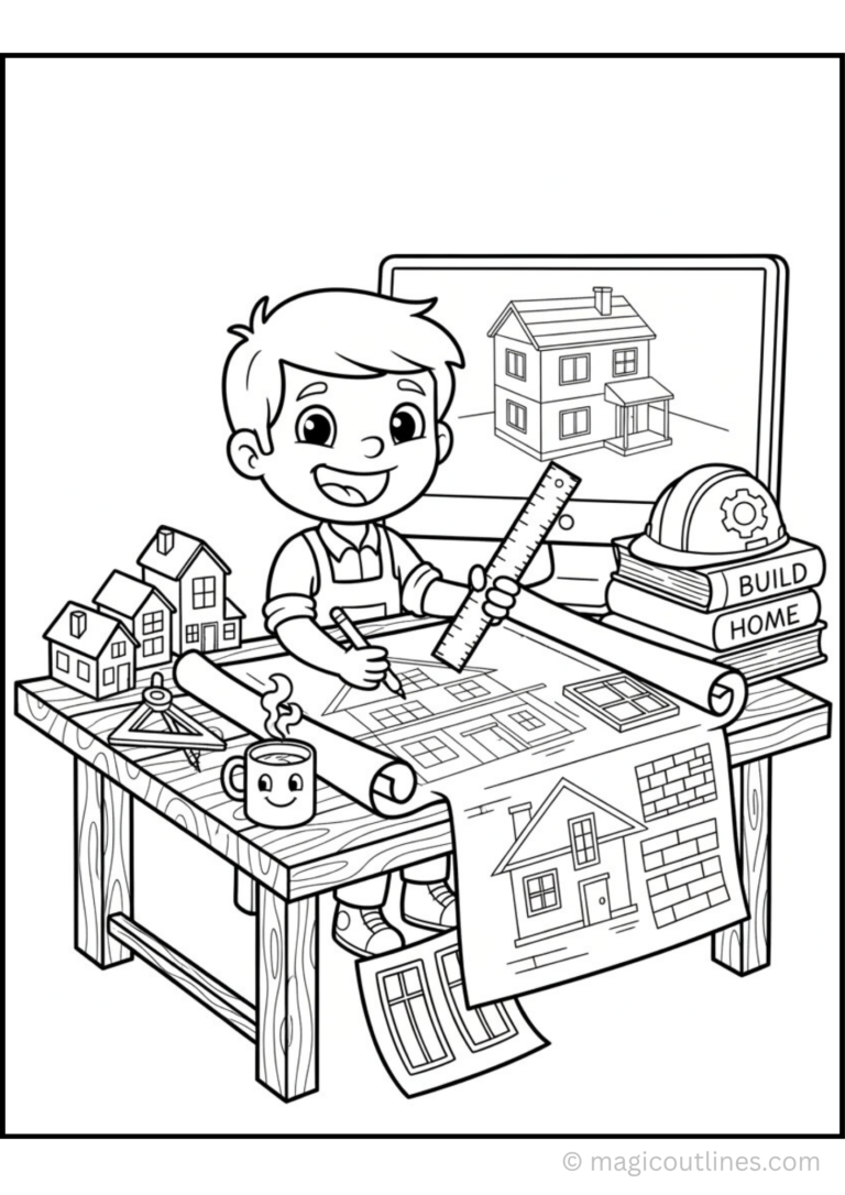Architect coloring page featuring a smiling child architect drawing house blueprints on a desk with ruler, model homes, construction helmet, and design tools.