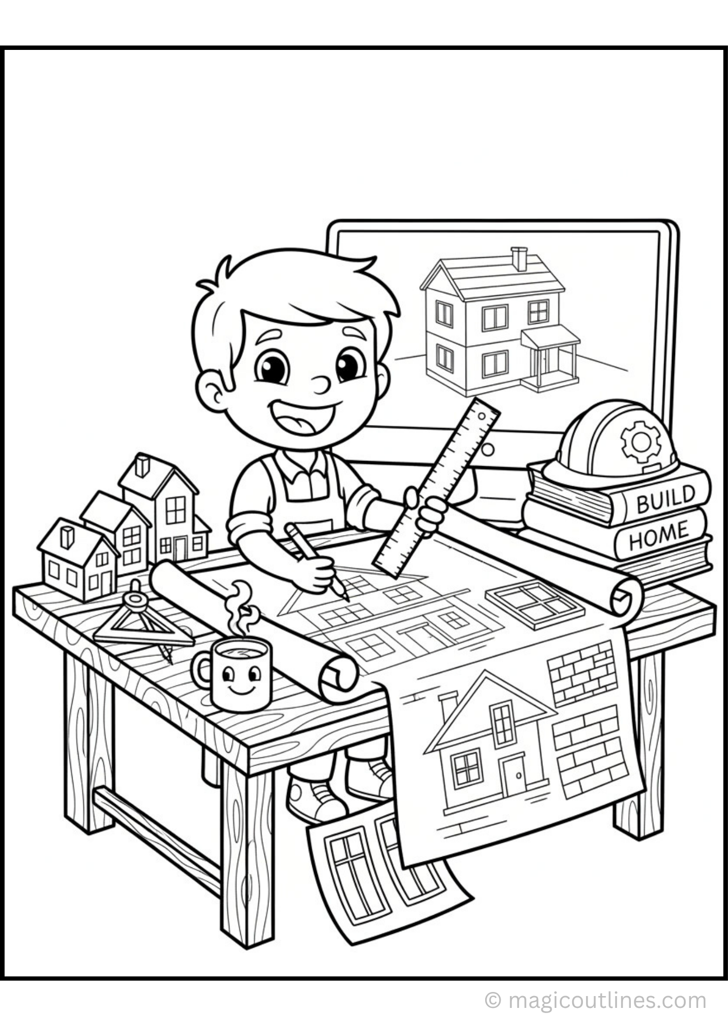 Architect coloring page featuring a smiling child architect drawing house blueprints on a desk with ruler, model homes, construction helmet, and design tools.