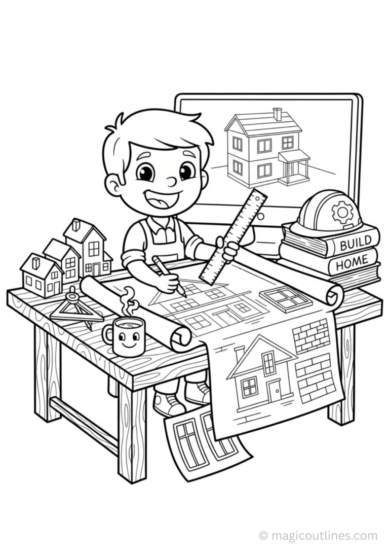 architect coloring page for kids designing house blueprint