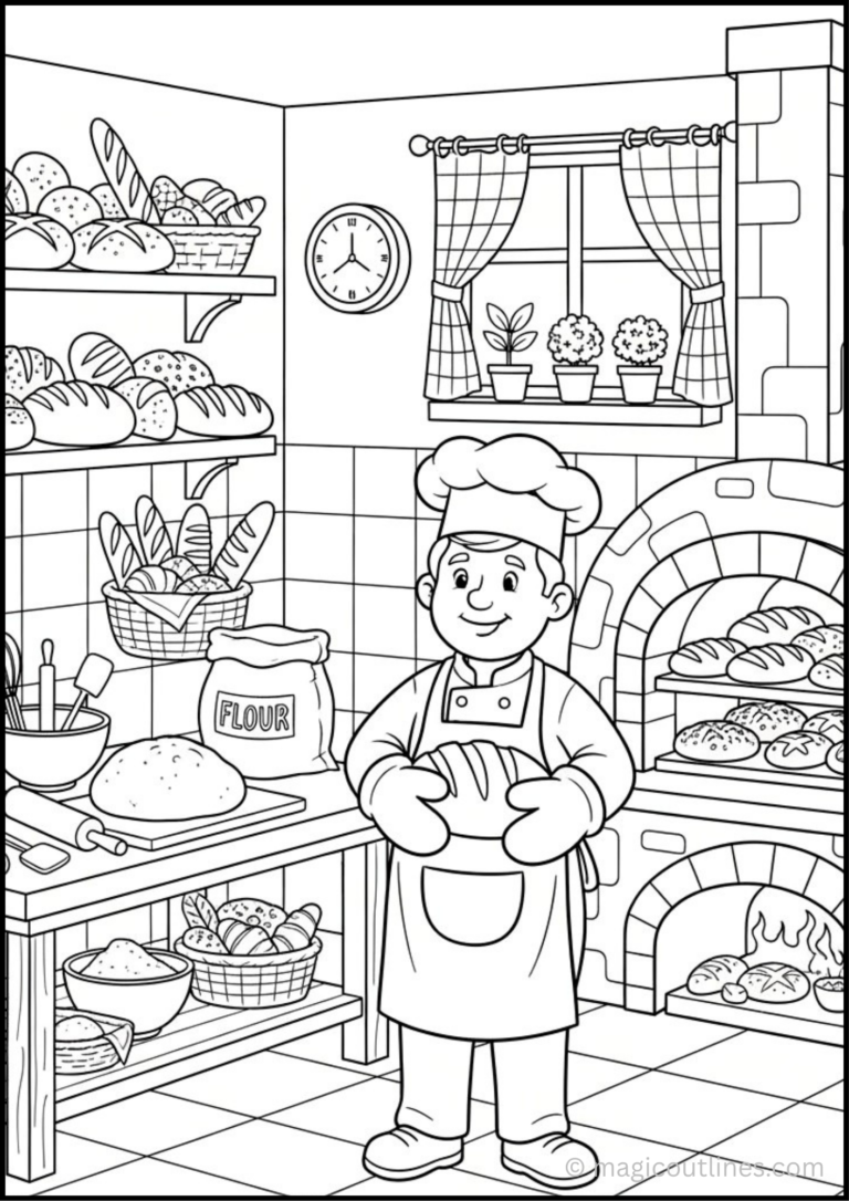 Baker Artist Coloring Page featuring a smiling baker decorating cakes and pastries with baking tools in a kid-friendly printable coloring sheet.