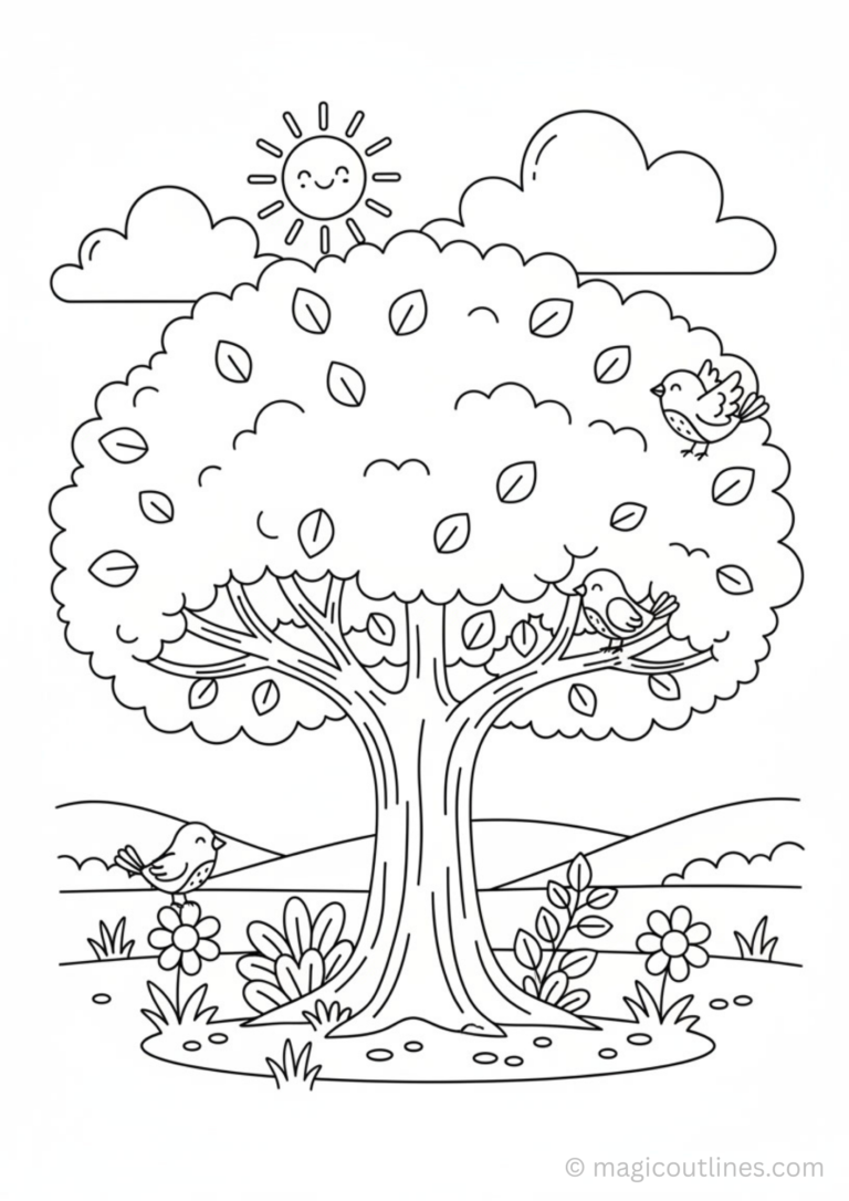 tree coloring page for kids big leafy tree with birds printable
