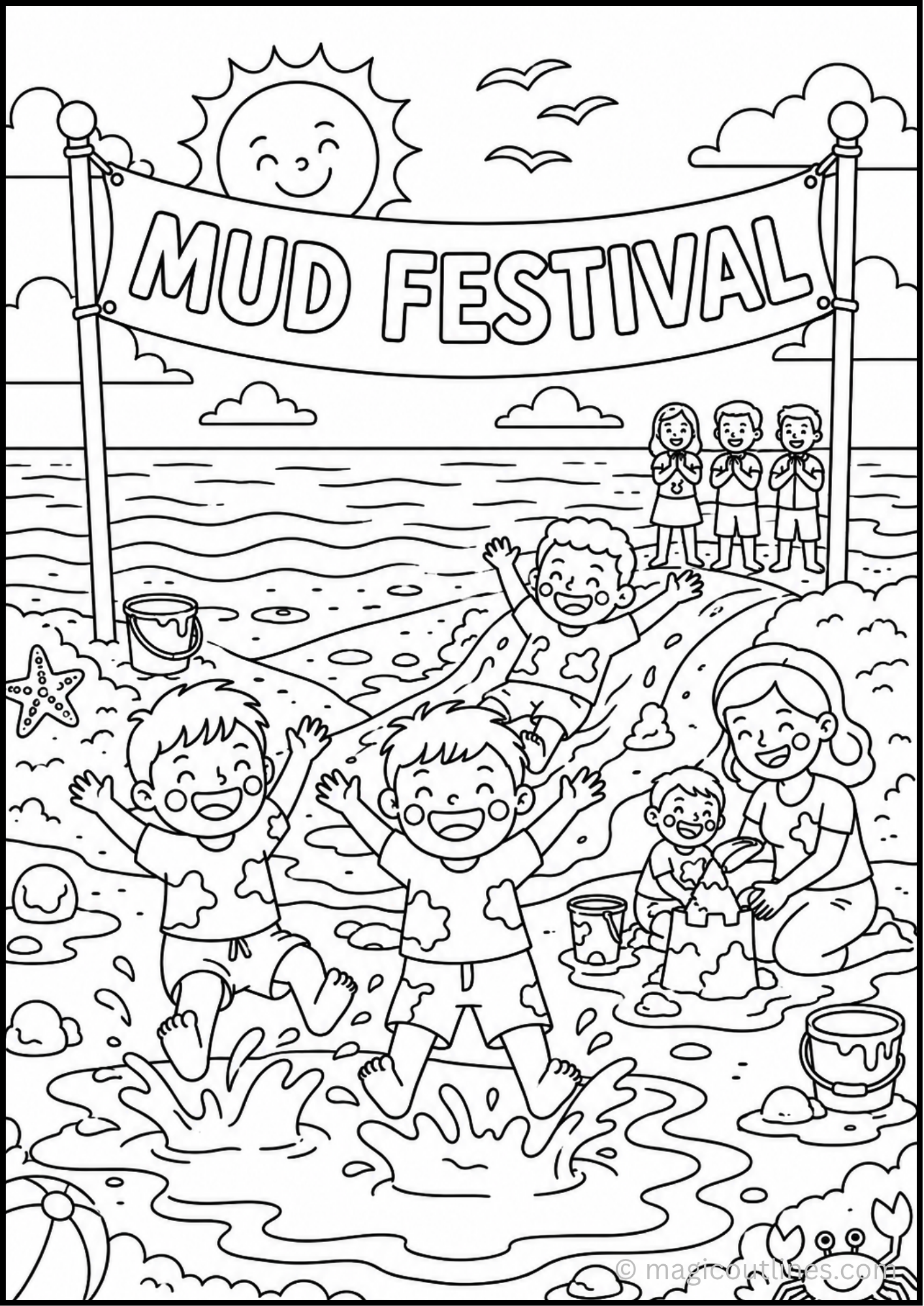 Boryeong Mud Festival coloring page with children playing in mud at the beach