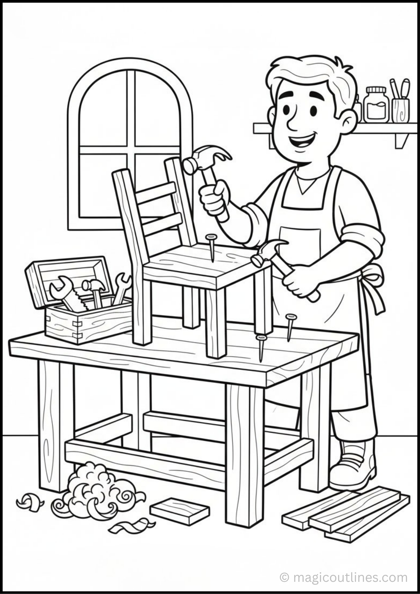 Download this free Carpenter Coloring Page printable PDF featuring a skilled carpenter with woodworking tools, a workbench, and wooden projects. Perfect for preschool, kindergarten, homeschool, and classroom activities.