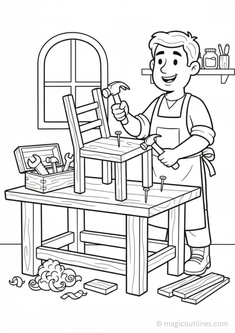 carpenter coloring page building wooden chair with hammer and tools