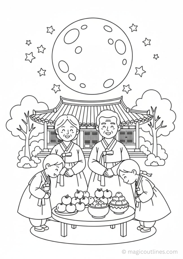 chuseok festival coloring page korean family hanbok harvest celebration printable for kids