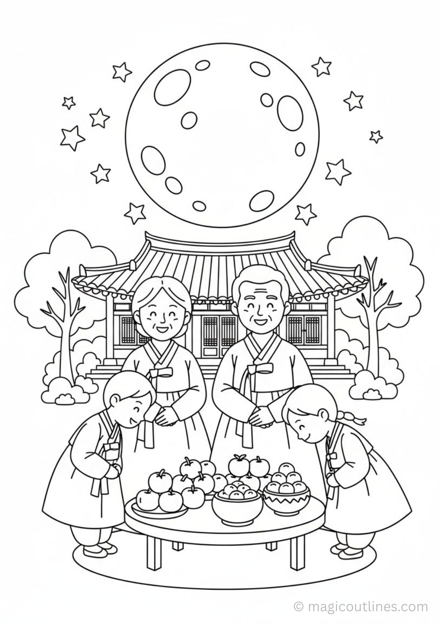 chuseok festival coloring page korean family hanbok harvest celebration printable for kids