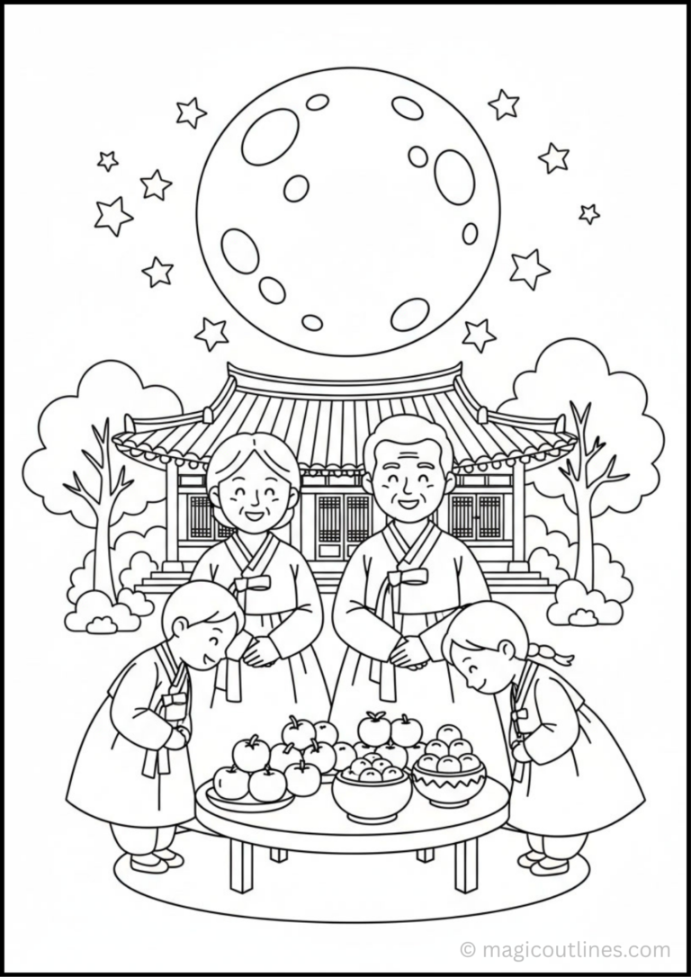 Chuseok Korean harvest festival coloring page showing a family in traditional Korean clothing celebrating with food, a traditional Korean house, and a full moon.