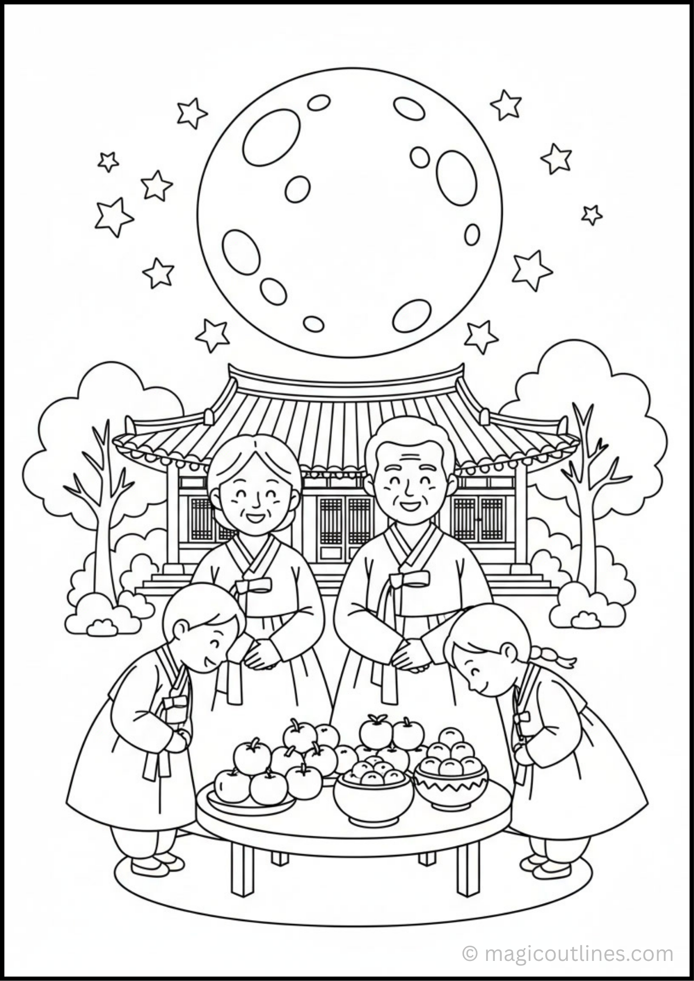Chuseok Korean harvest festival coloring page showing a family in traditional Korean clothing celebrating with food, a traditional Korean house, and a full moon.
