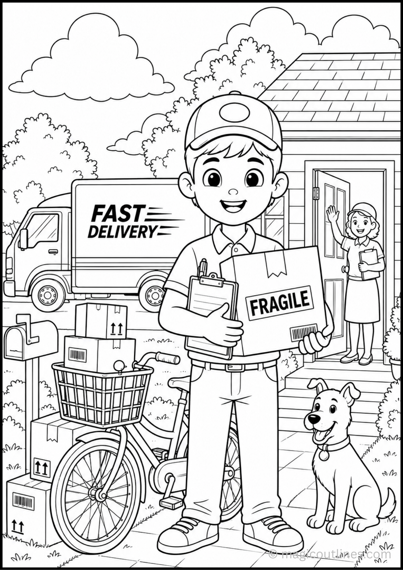 Delivery boy coloring page shows holding a fragile package with a bicycle, delivery truck, boxes, mailbox, and dog