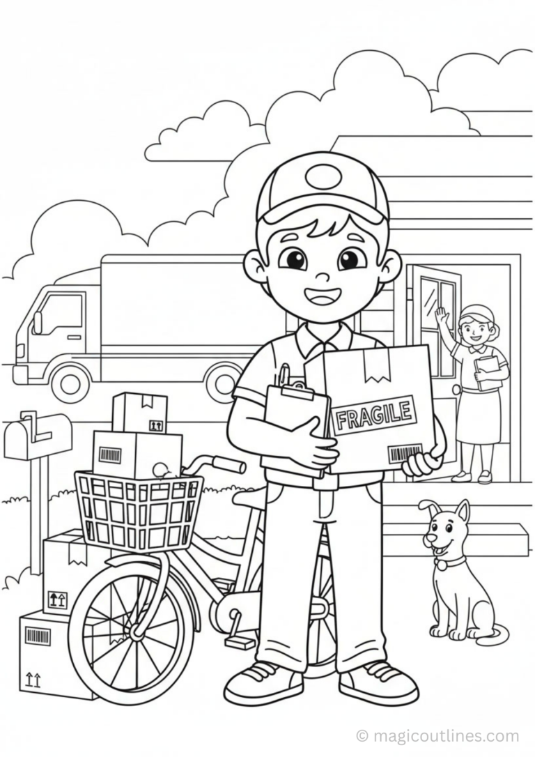 delivery boy coloring page printable courier illustration for kids