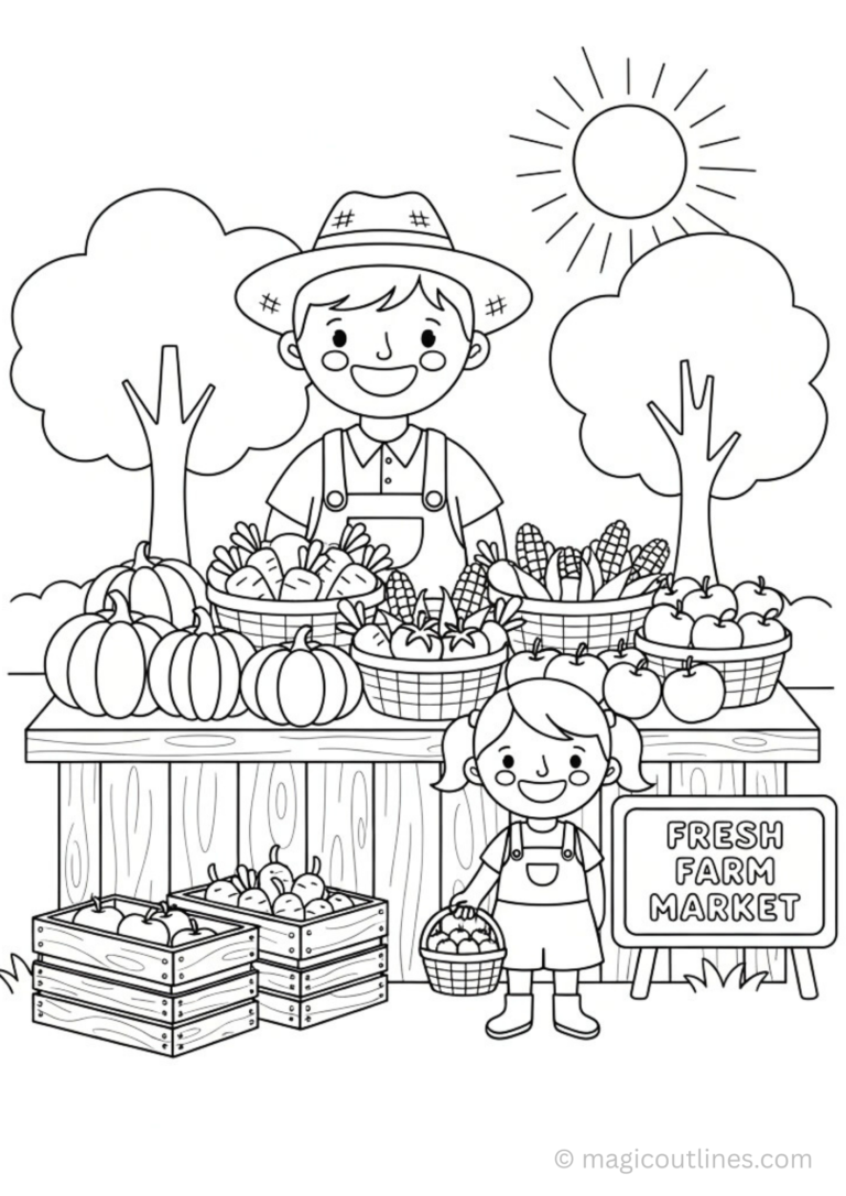 farmer market coloring page with farmer selling fruits and vegetables