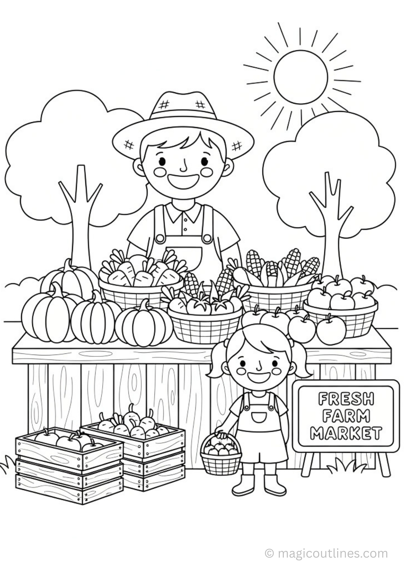 farmer market coloring page with farmer selling fruits and vegetables