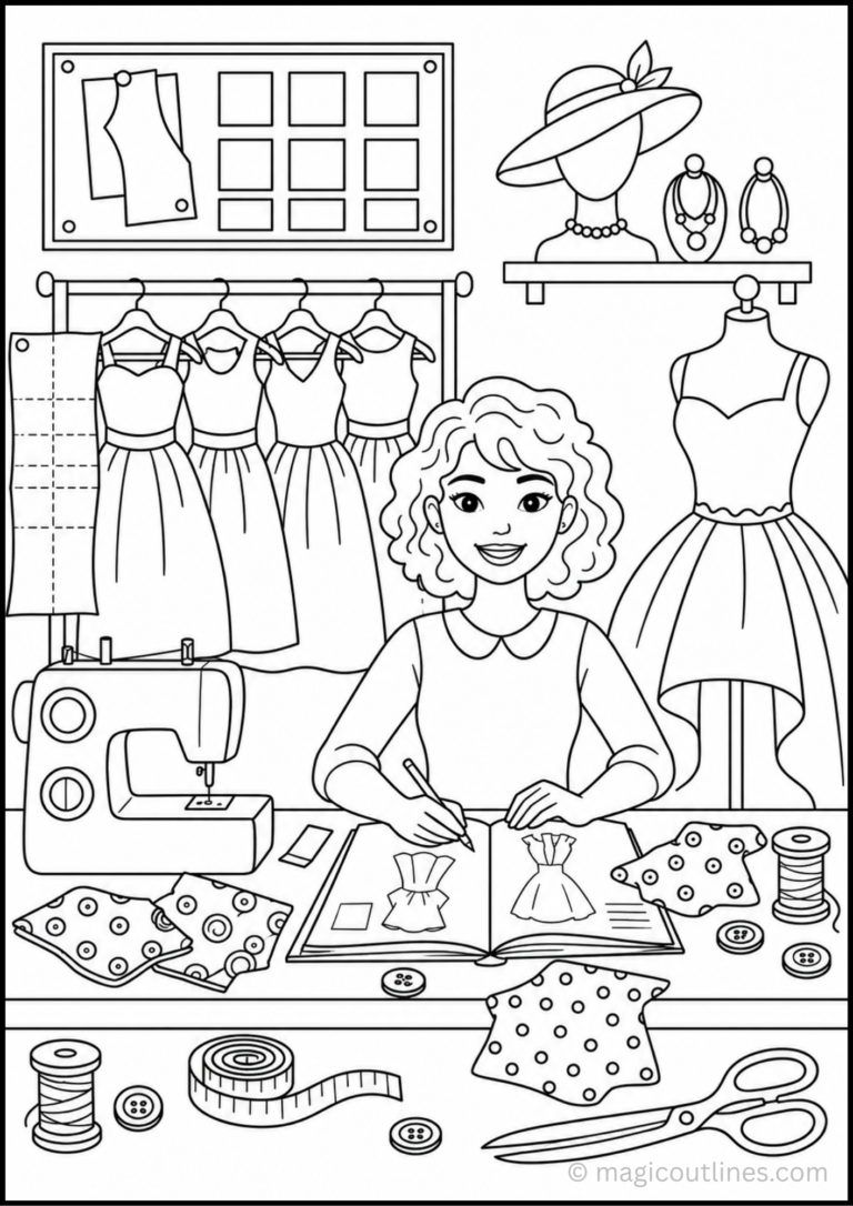 Fashion Designer Coloring Page featuring a designer sketching dresses in a fashion studio with sewing machine, fabrics, mannequins, and clothing.