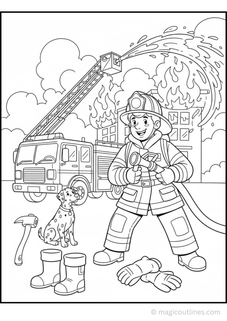 Firefighter Coloring Page featuring a brave firefighter with a fire truck, helmet, hose, and rescue equipment.