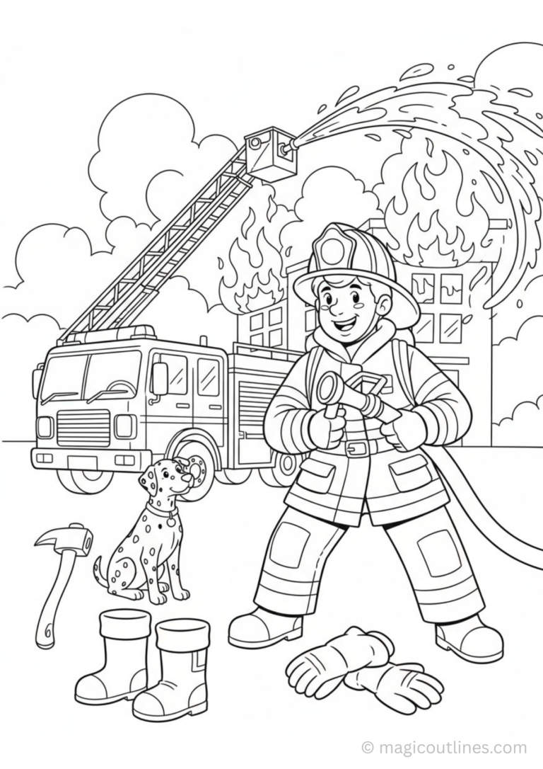 firefighter coloring page for kids with fire truck and rescue dog