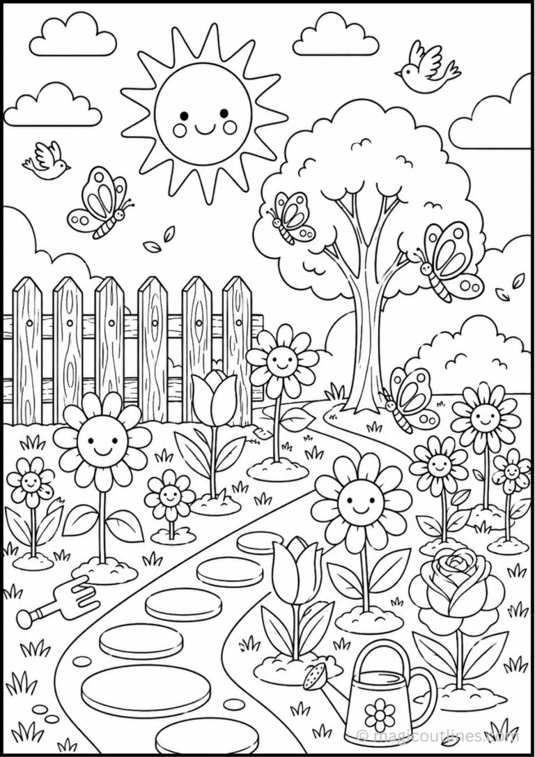 Flower Garden Coloring Page (Free Printable PDF) with colorful flowers, butterflies, birds, a tree, stepping stone path, fence, and watering can